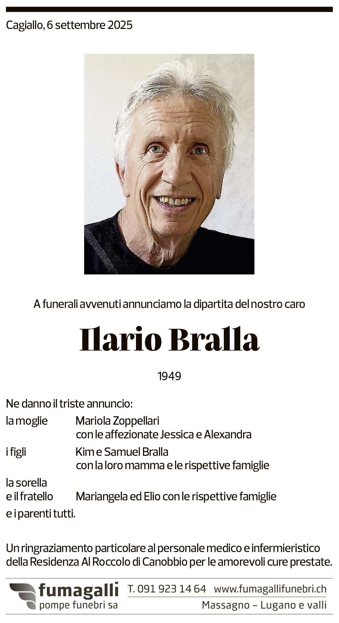 Annuncio funebre Ilario Bralla