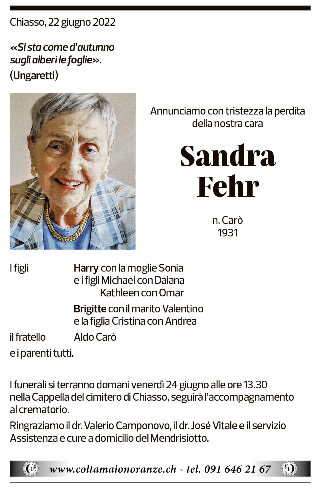 Annuncio funebre Sandra Fehr