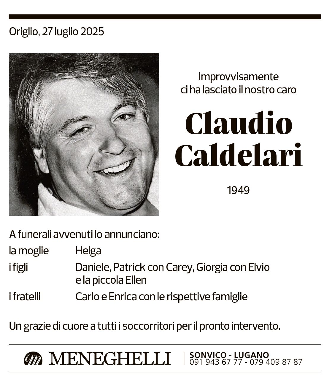 Annuncio funebre Claudio Caldelari