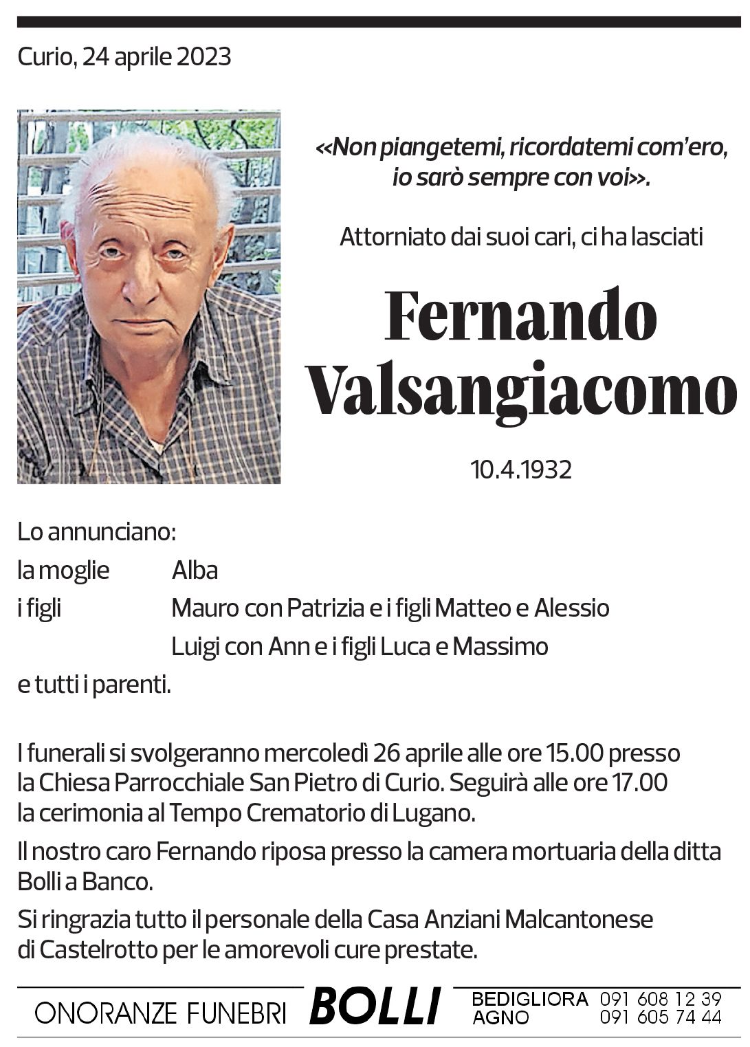 Annuncio funebre Fernando Valsangiacomo