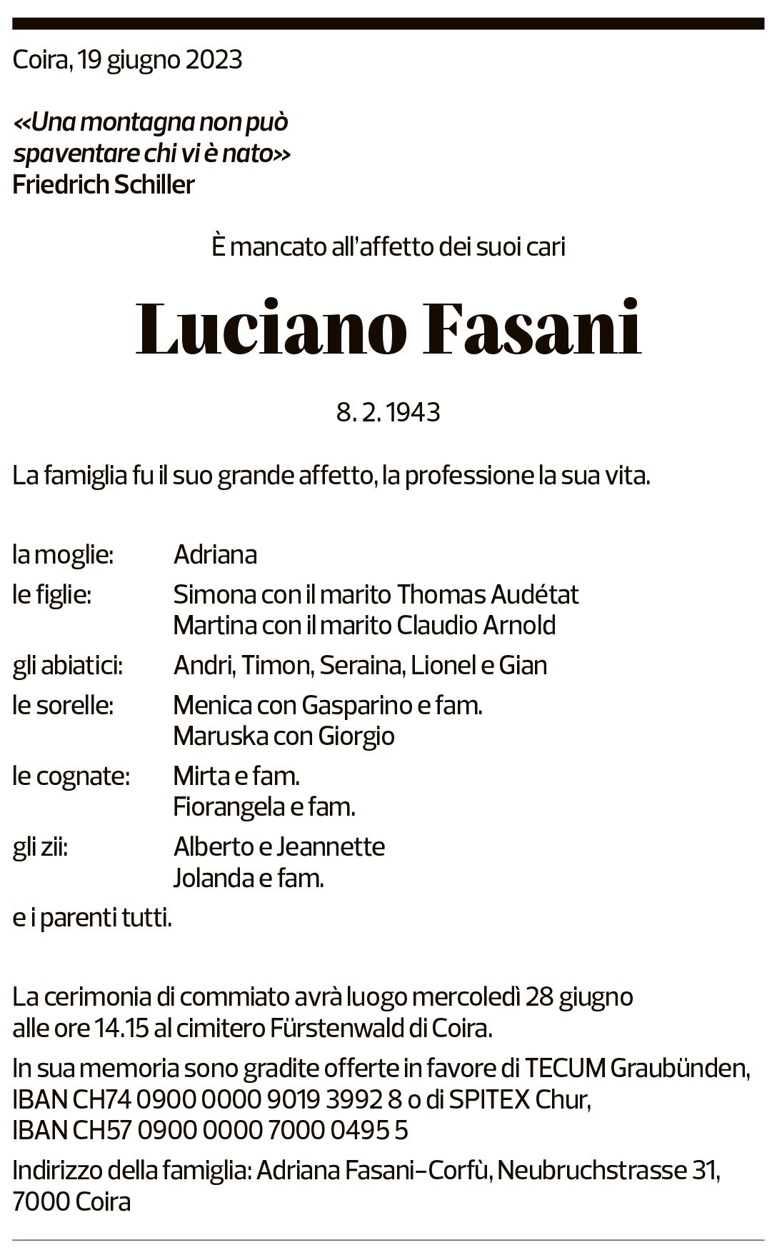 Annuncio funebre Luciano Fasani