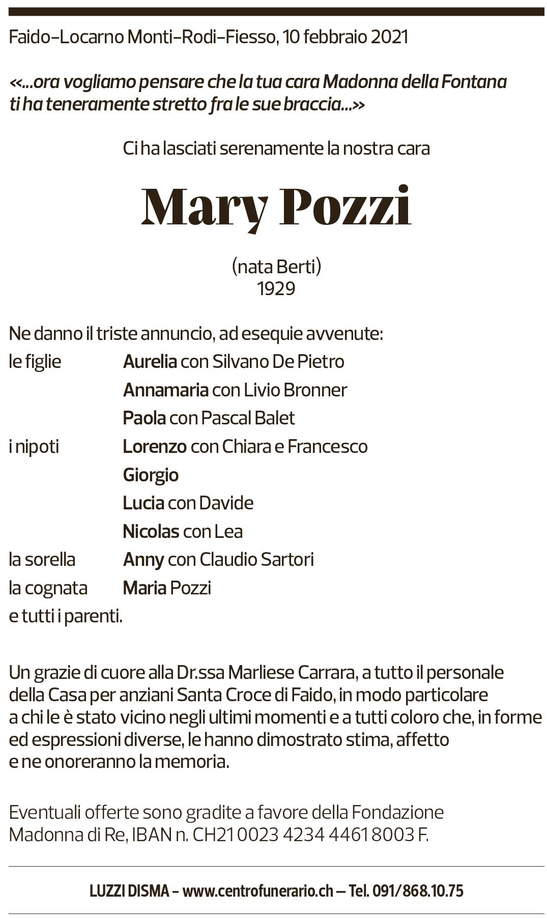 Annuncio funebre Mary Pozzi