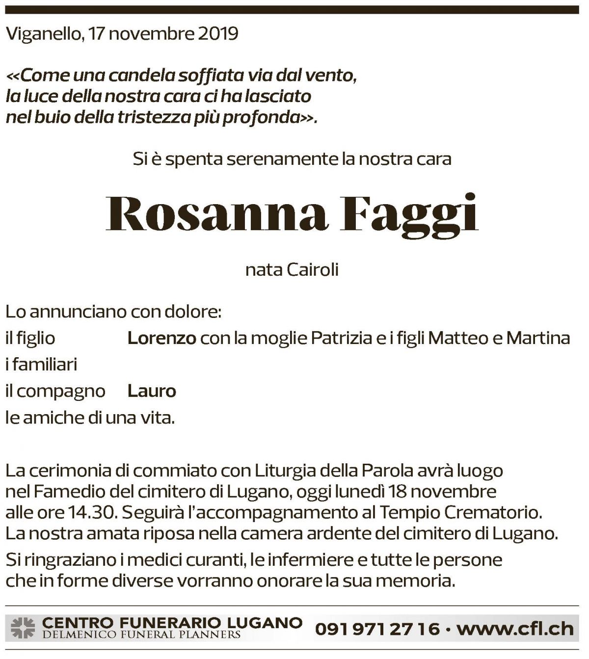 Annuncio funebre Rosanna Faggi