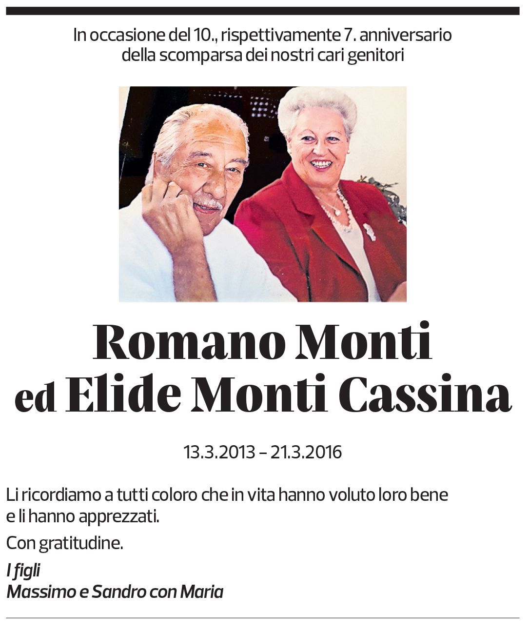 Annuncio funebre Romano E Elide Monti