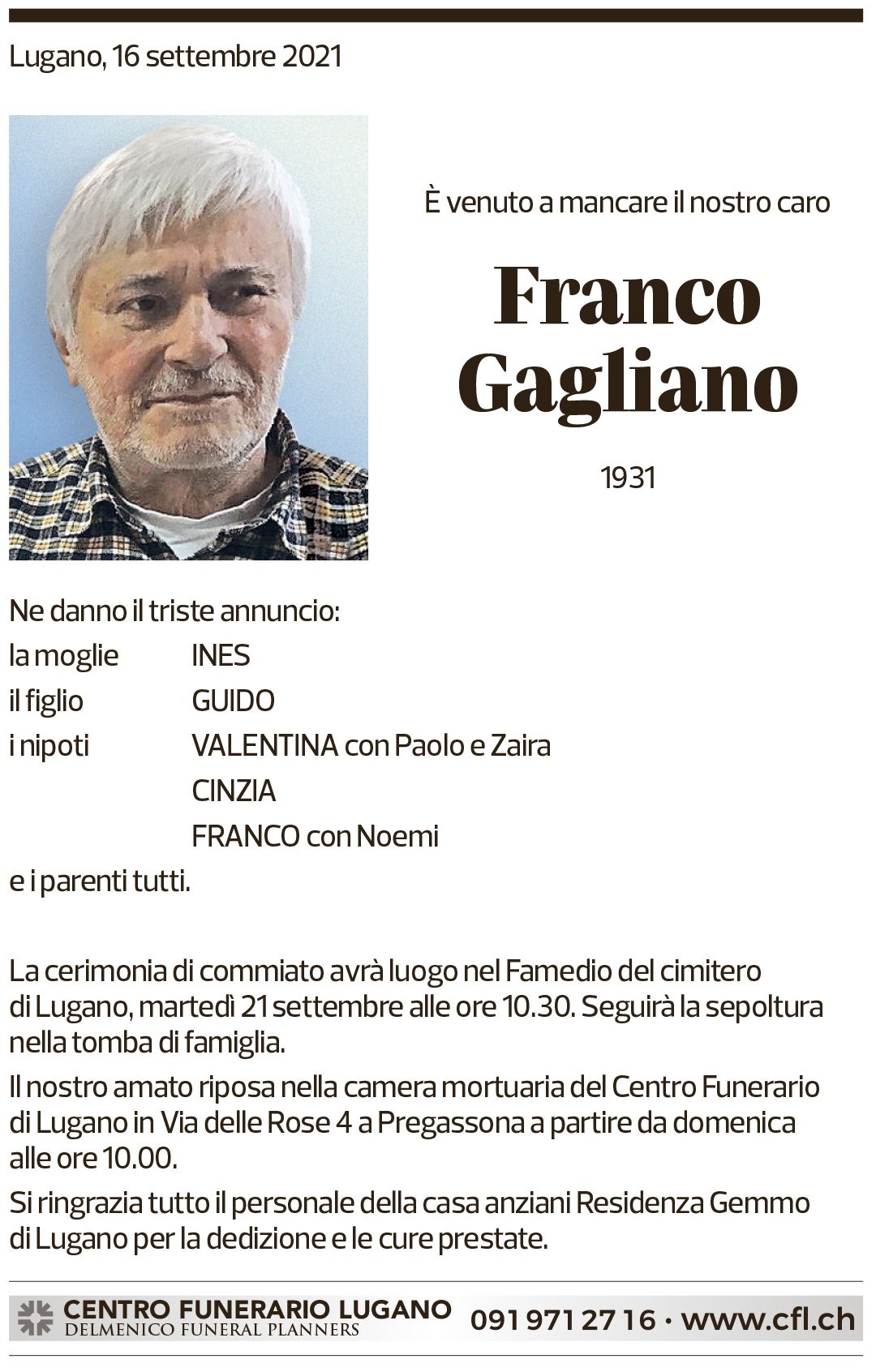 Annuncio funebre Franco Gagliano