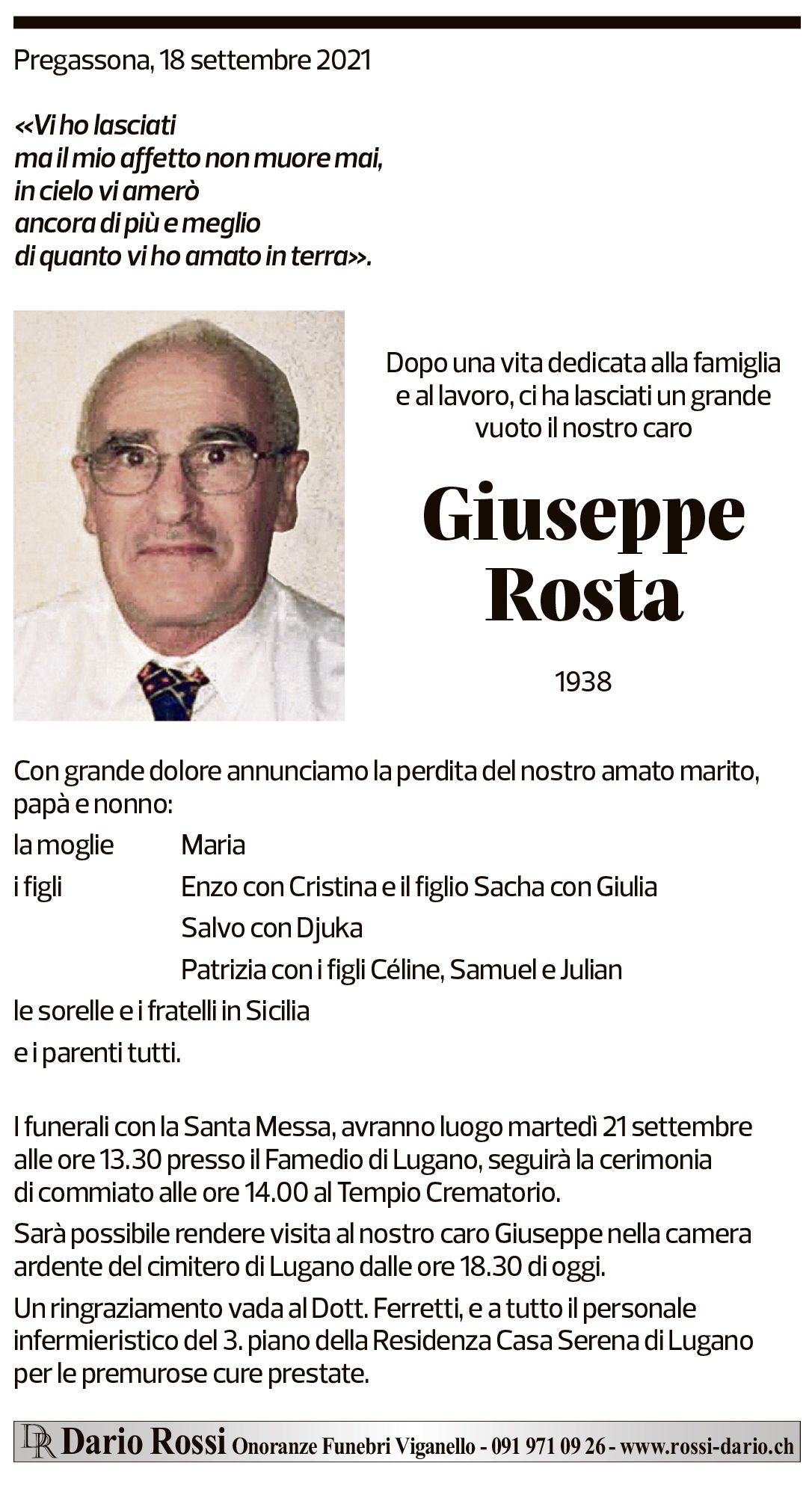 Annuncio funebre Giuseppe Rosta