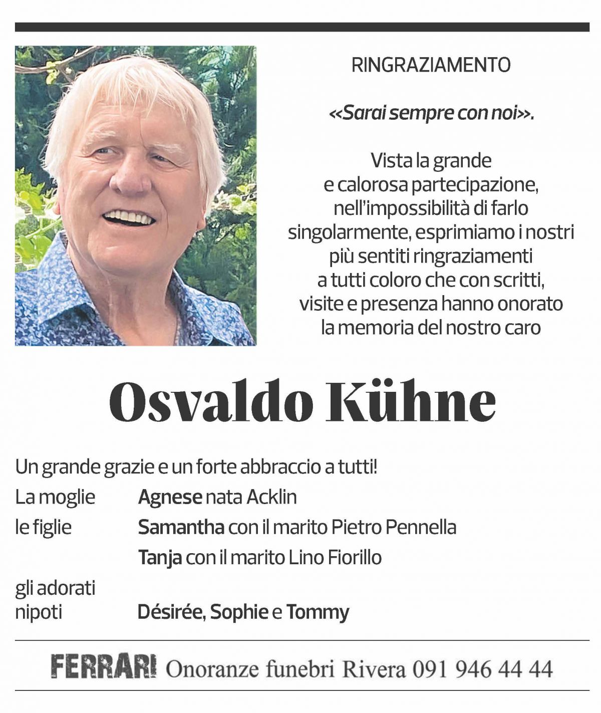 Annuncio funebre Osvaldo Kühne