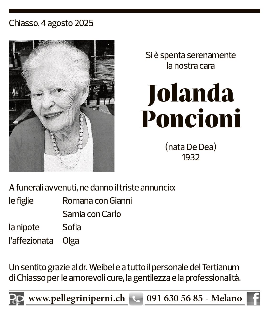 Annuncio funebre Jolanda Poncioni