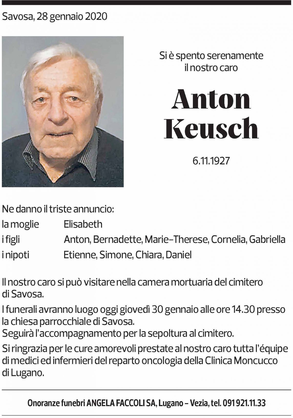 Annuncio funebre Anton Keusch