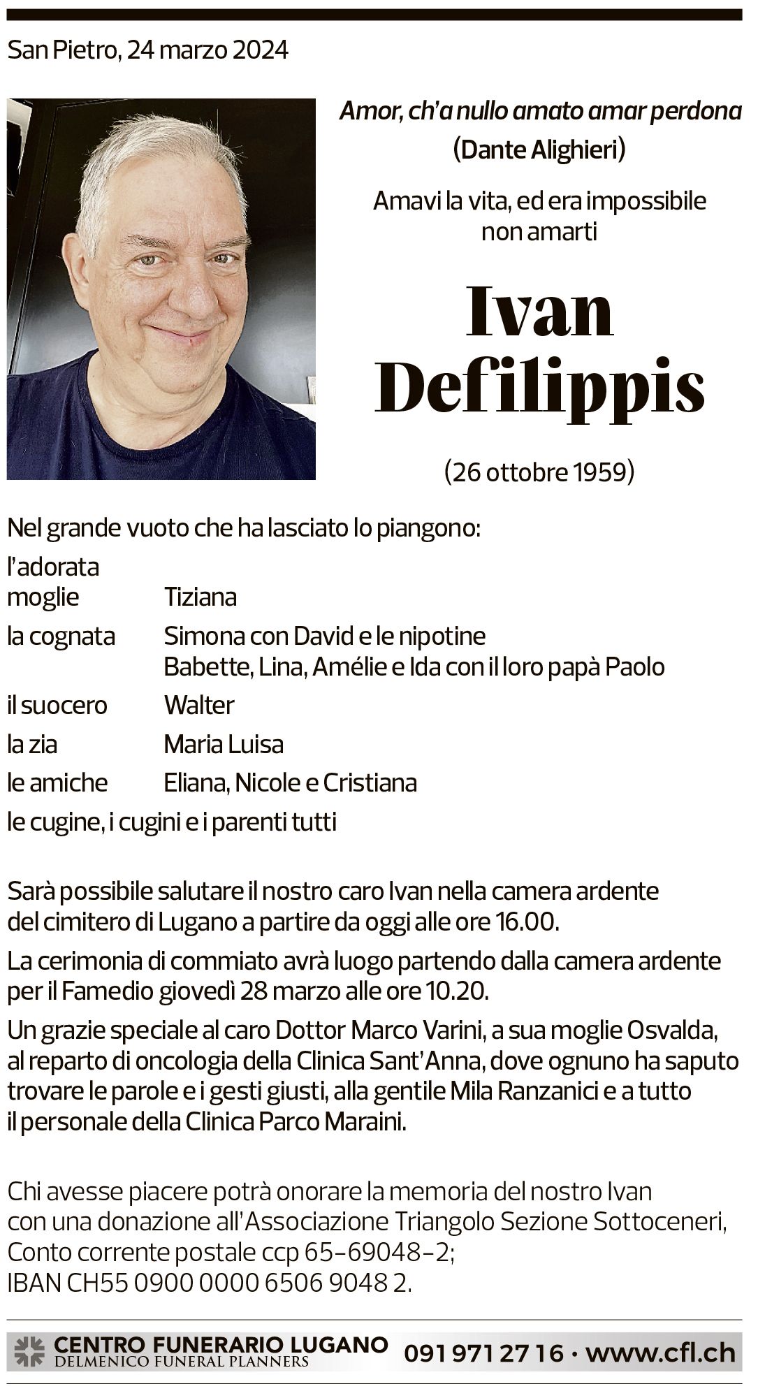 Annuncio funebre Ivan Defilippis