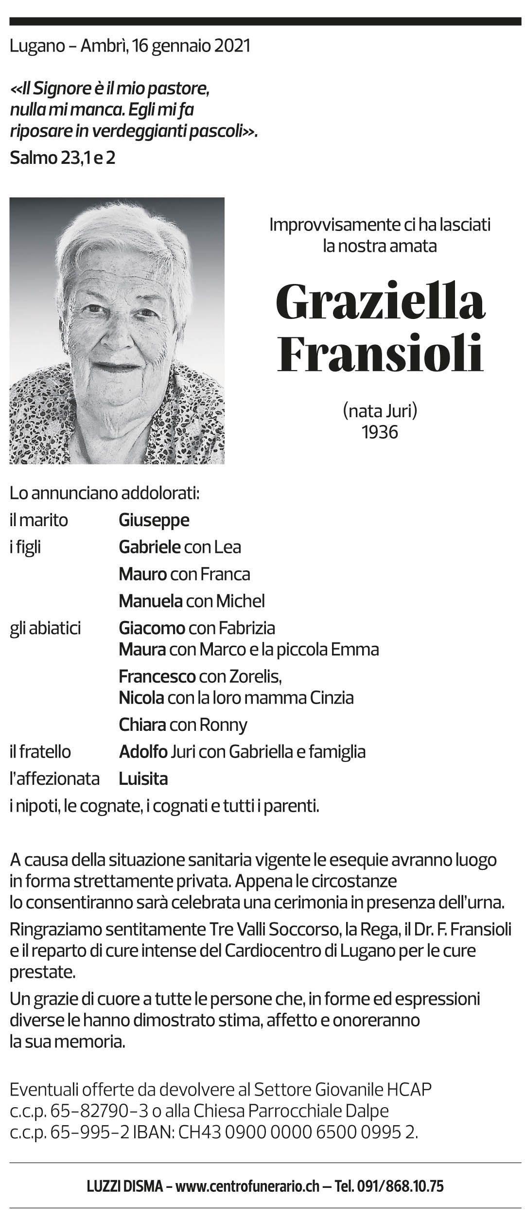 Annuncio funebre Graziella Fransioli