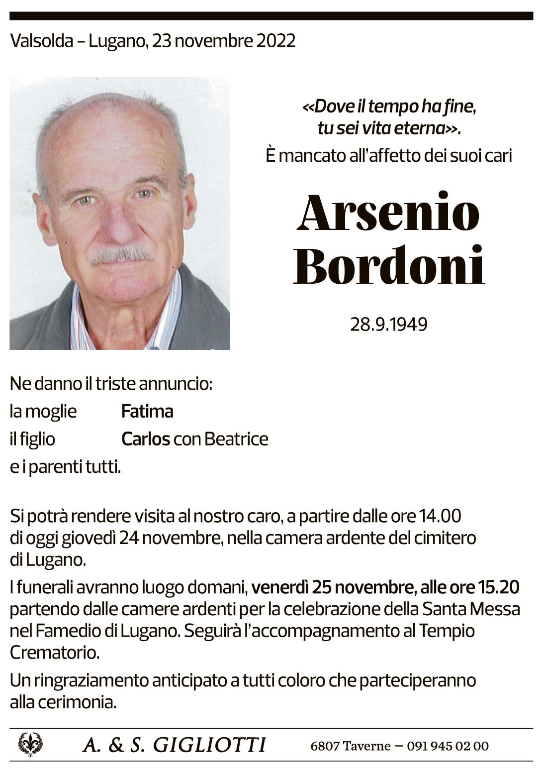 Annuncio funebre Arsenio Bordoni