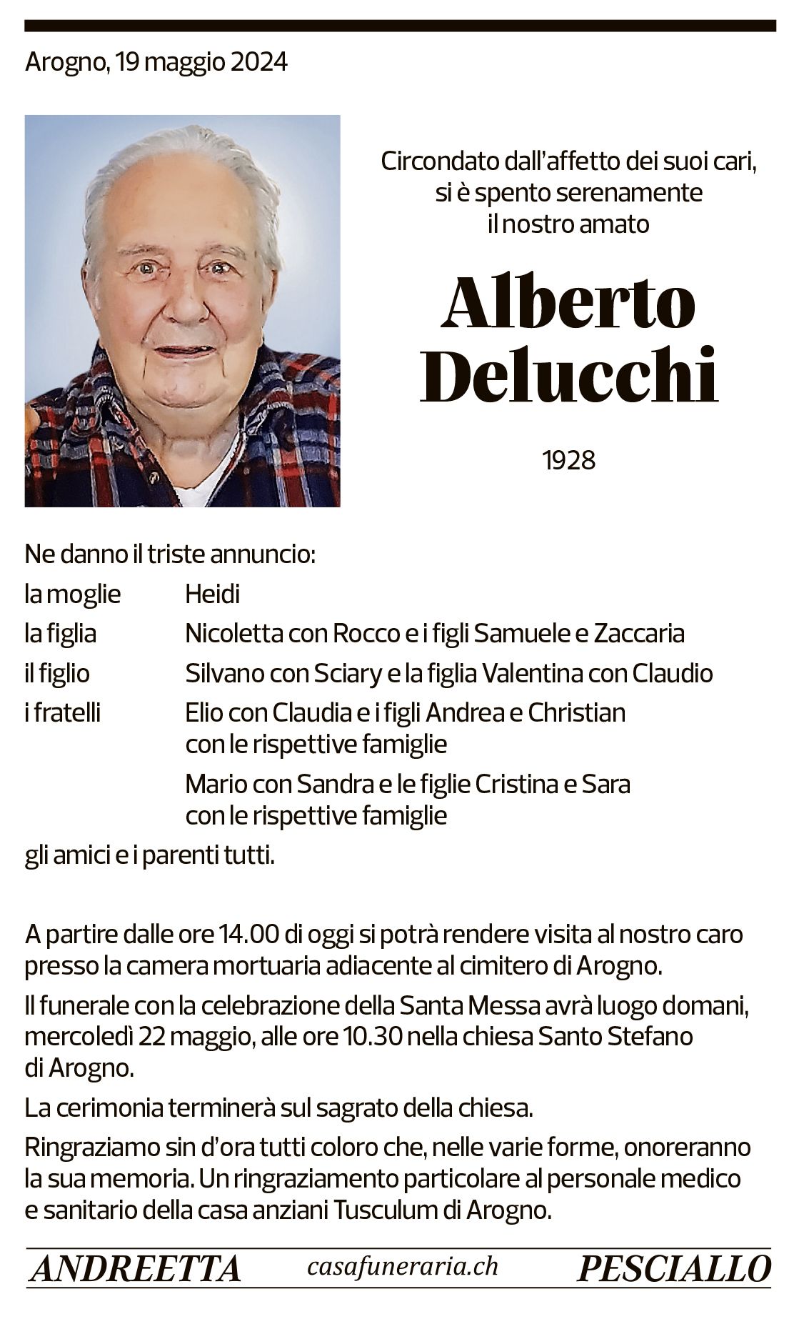 Annuncio funebre Alberto Delucchi