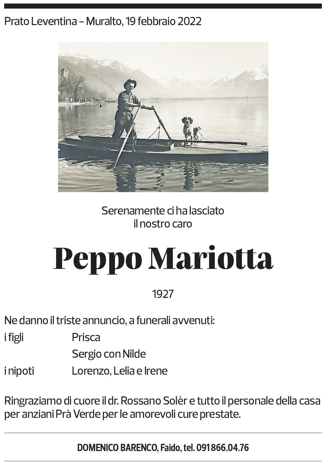 Annuncio funebre Peppo Mariotta