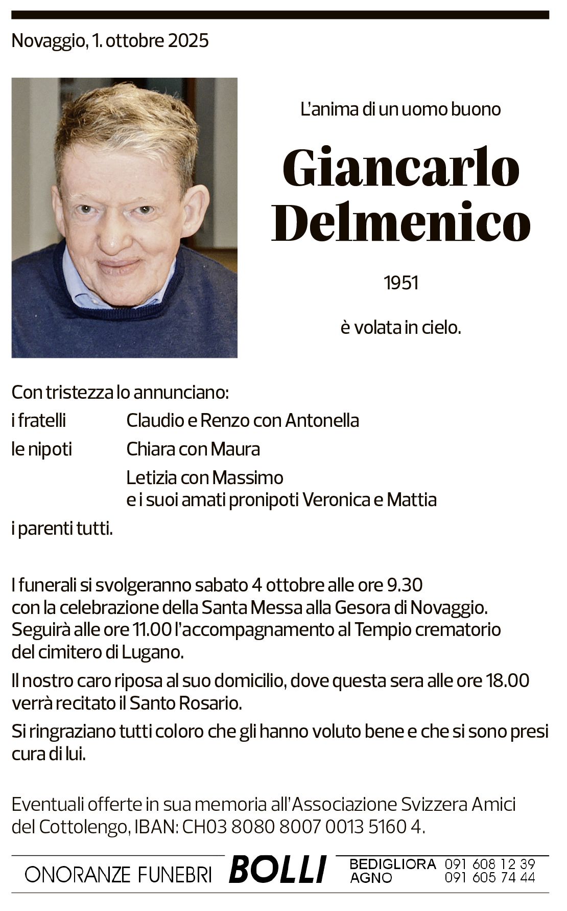 Annuncio funebre Giancarlo Delmenico