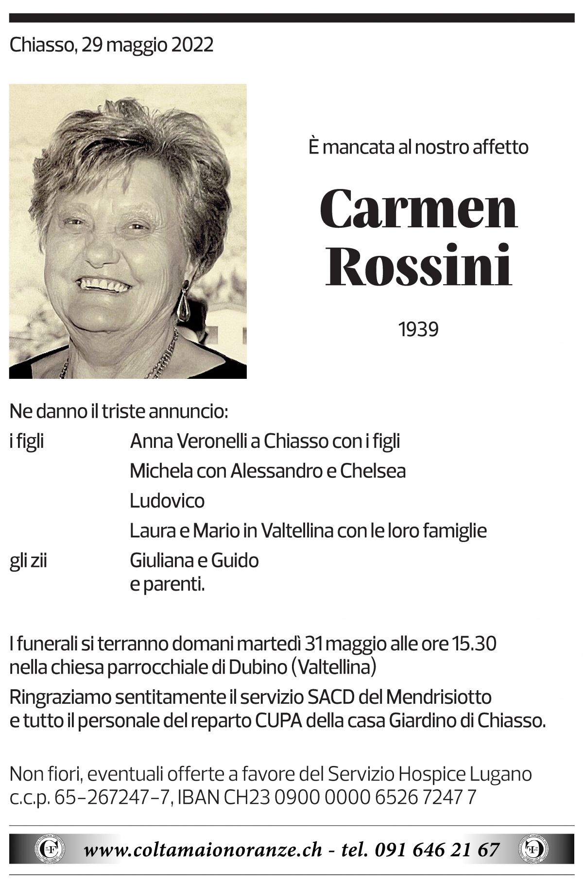 Annuncio funebre Carmen Rossini