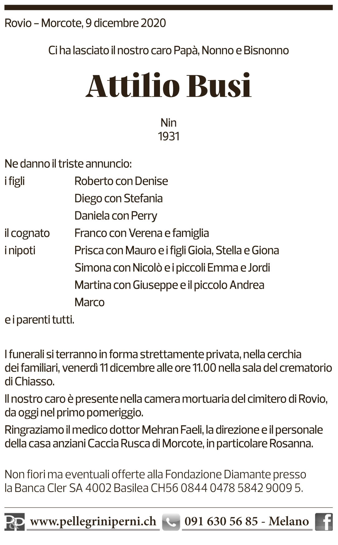Annuncio funebre Attilio Busi