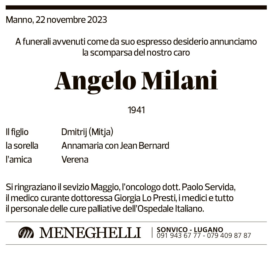 Annuncio funebre Angelo Milani