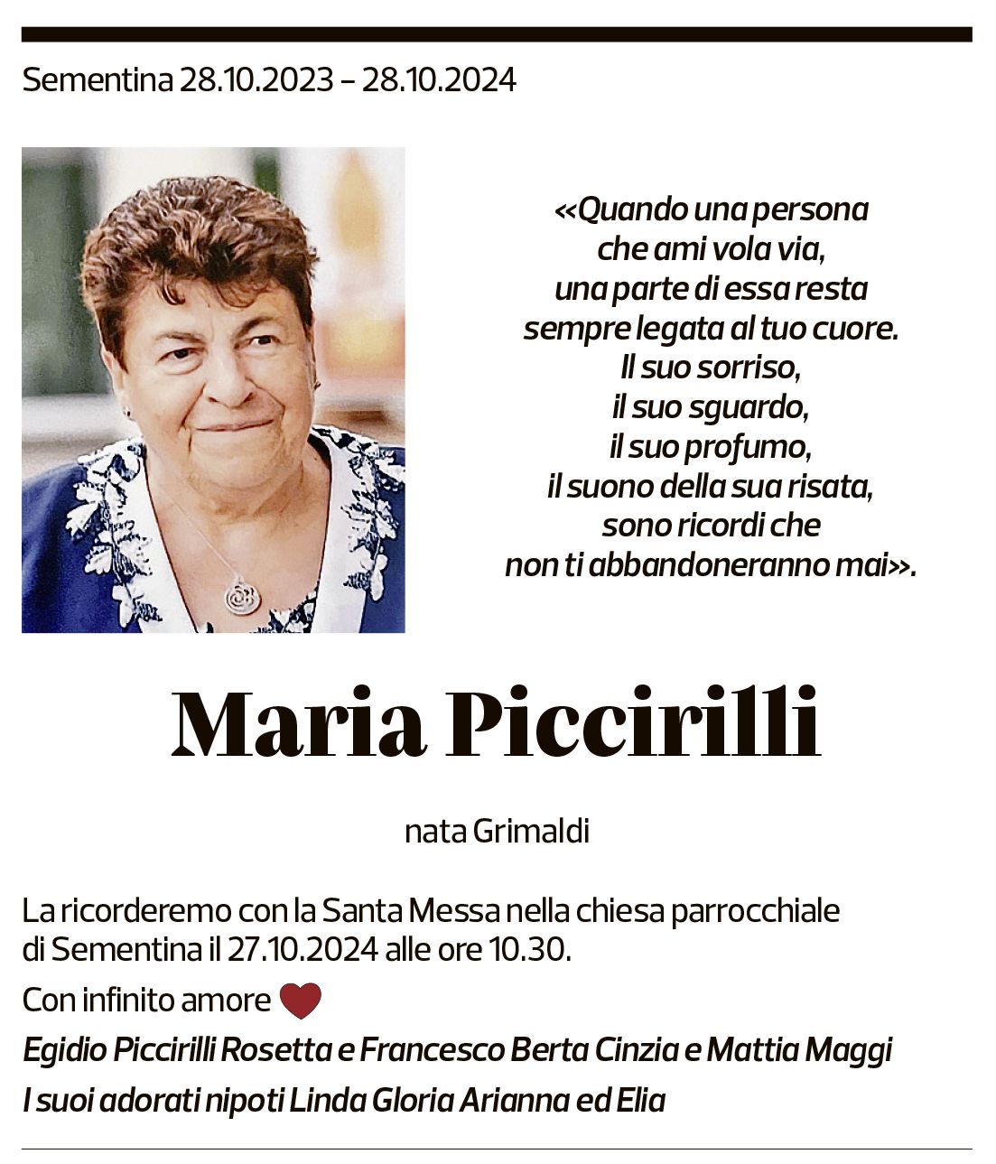 Annuncio funebre Maria Piccirilli