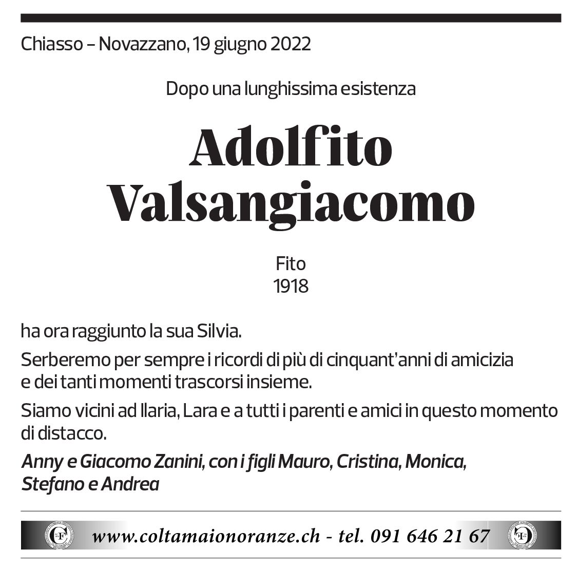 Annuncio funebre Adolfito Valsangiacomo