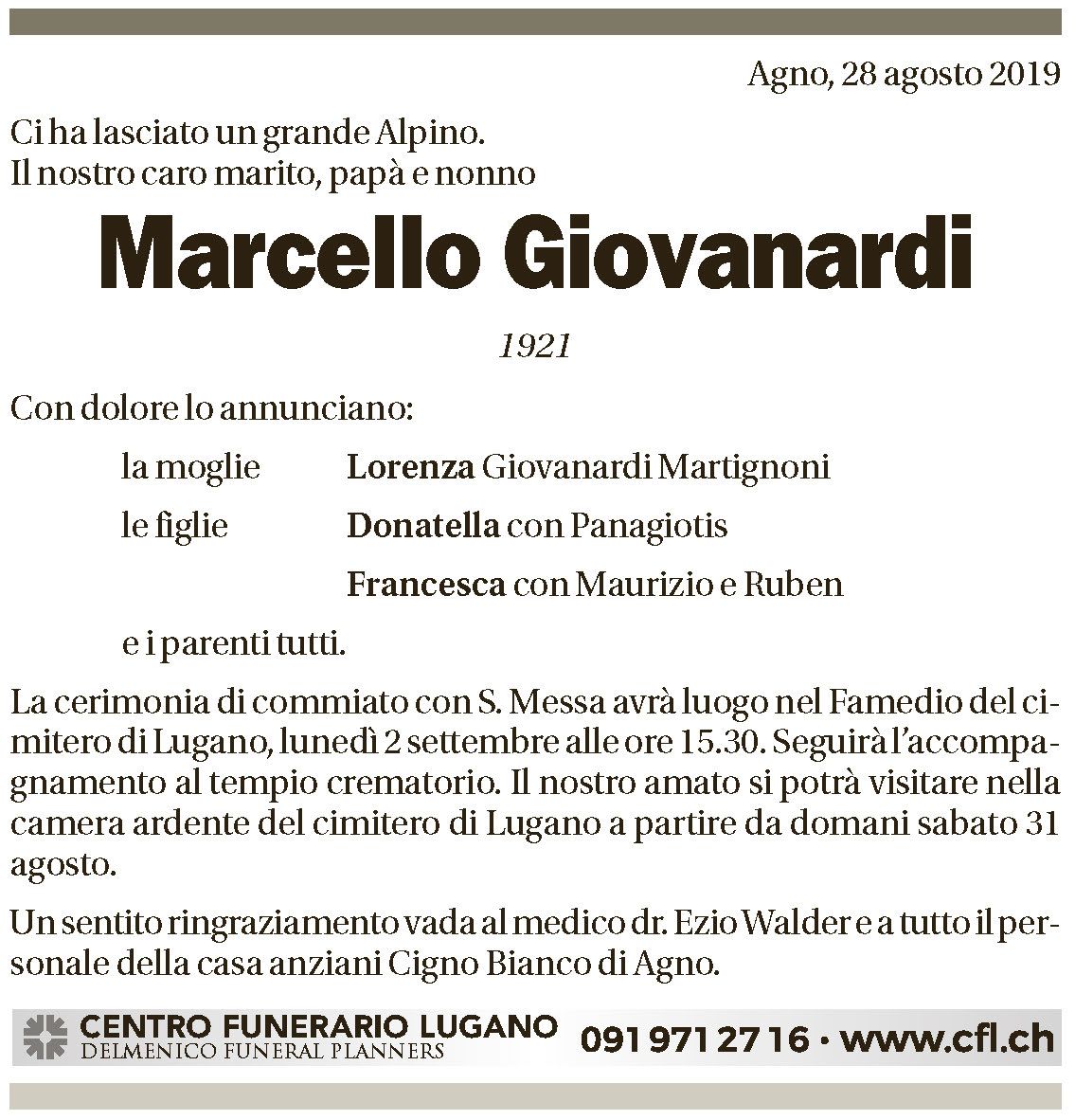 Annuncio funebre Marcello Giovanardi