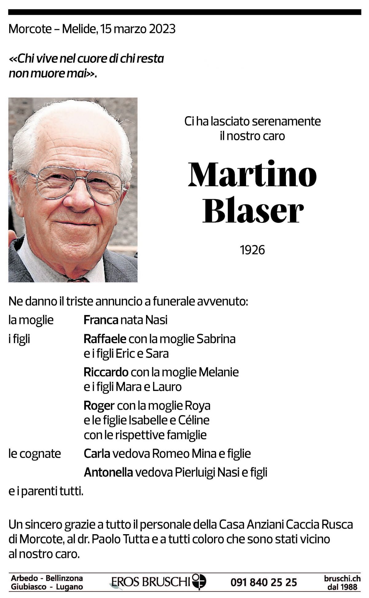 Annuncio funebre Martino Blaser