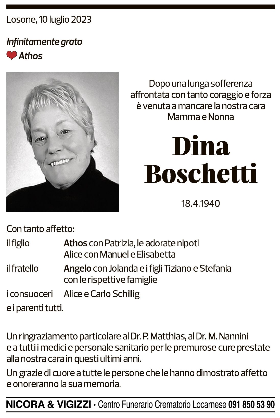 Annuncio funebre Dina Boschetti