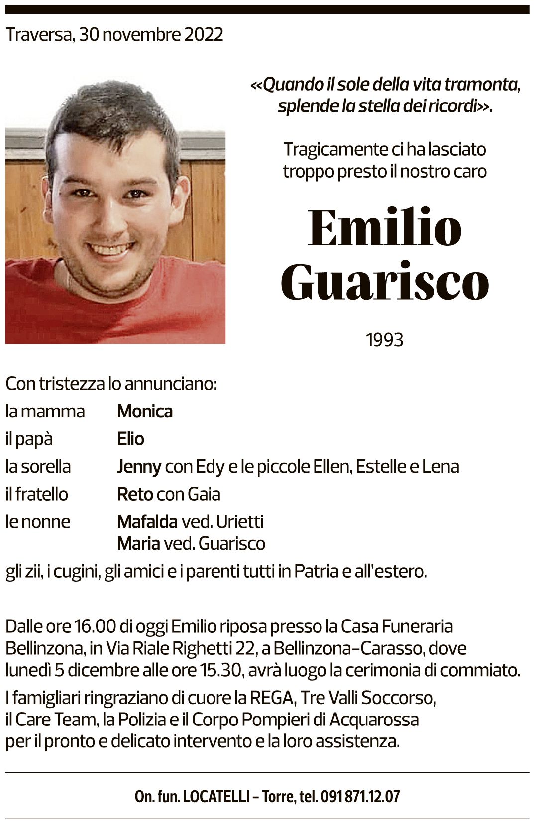 Annuncio funebre Emilio Guarisco