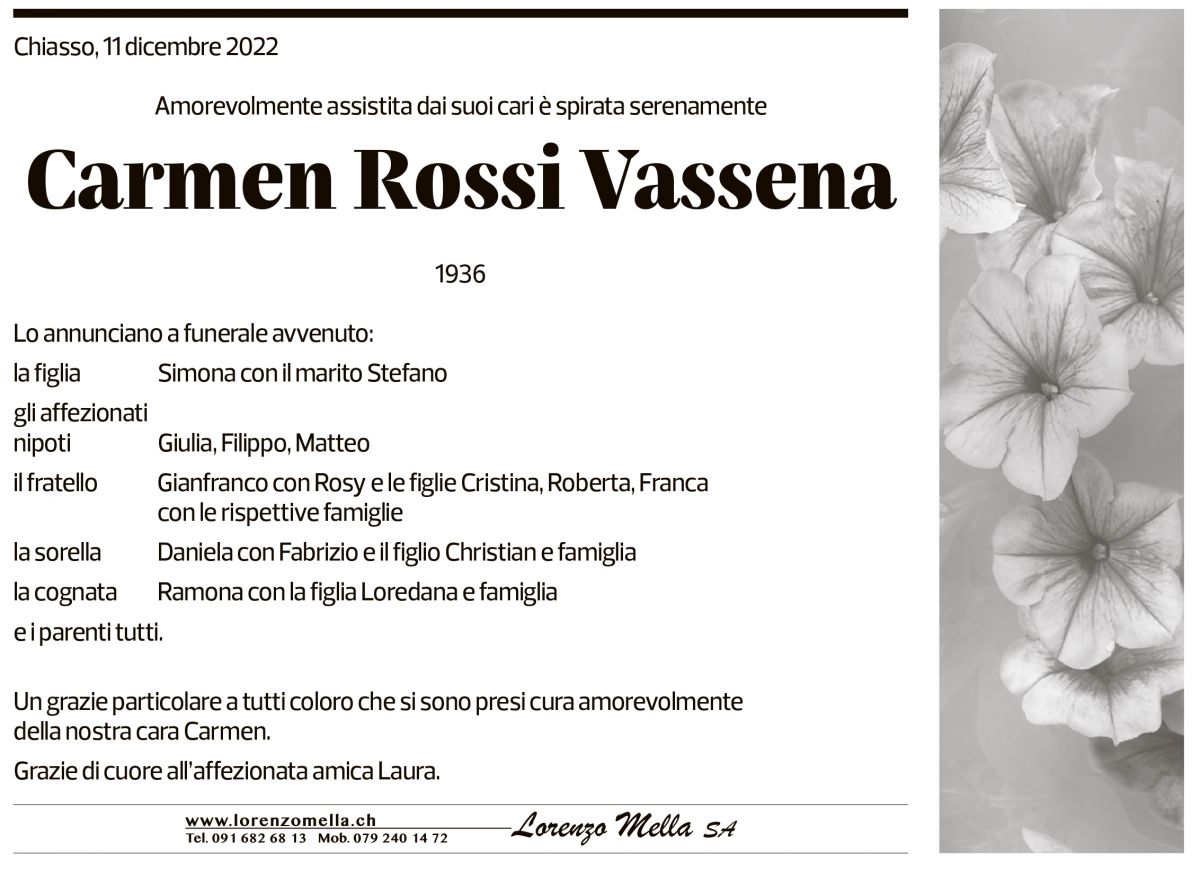 Annuncio funebre Carmen Rossi Vassena