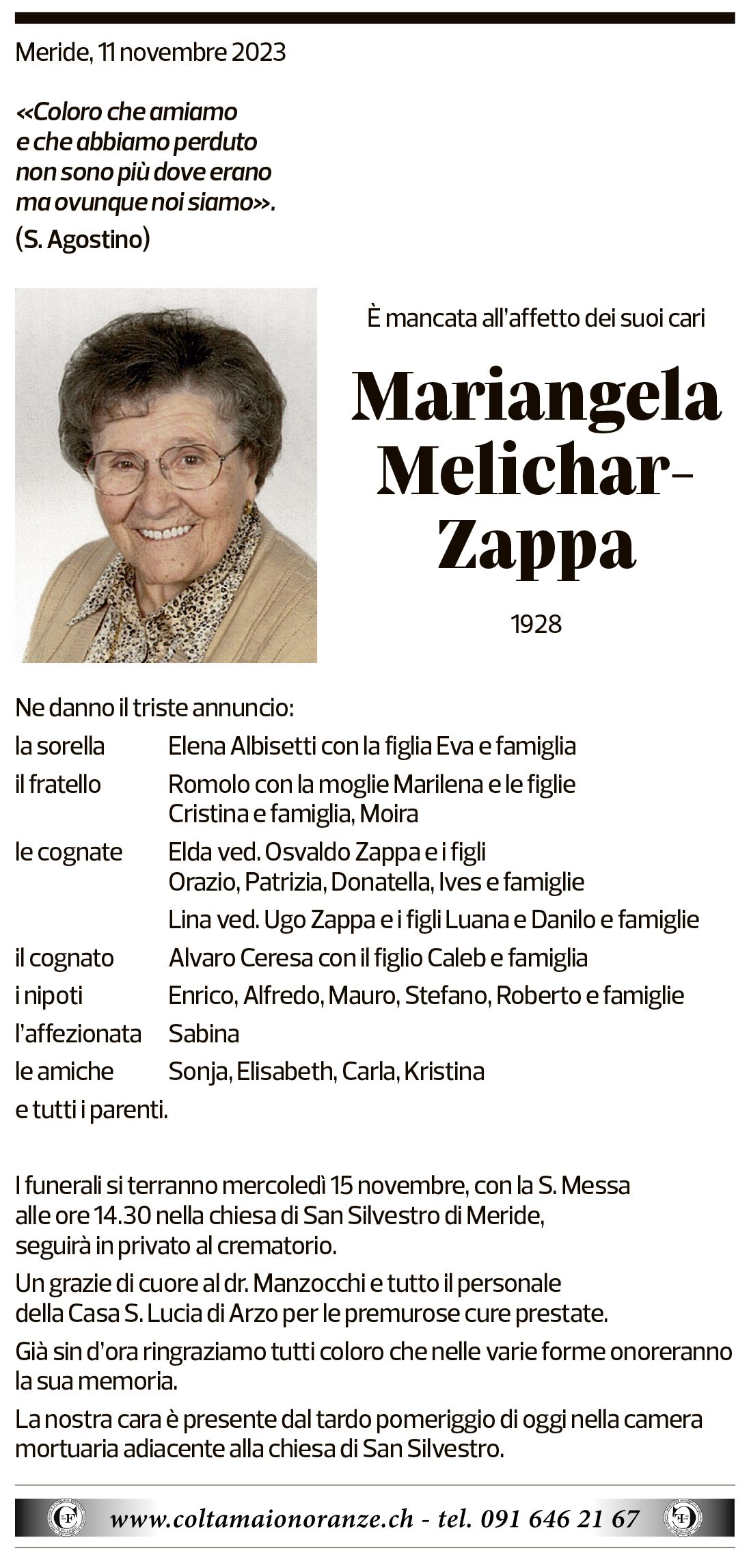 Annuncio funebre Mariangela Melichar-zappa