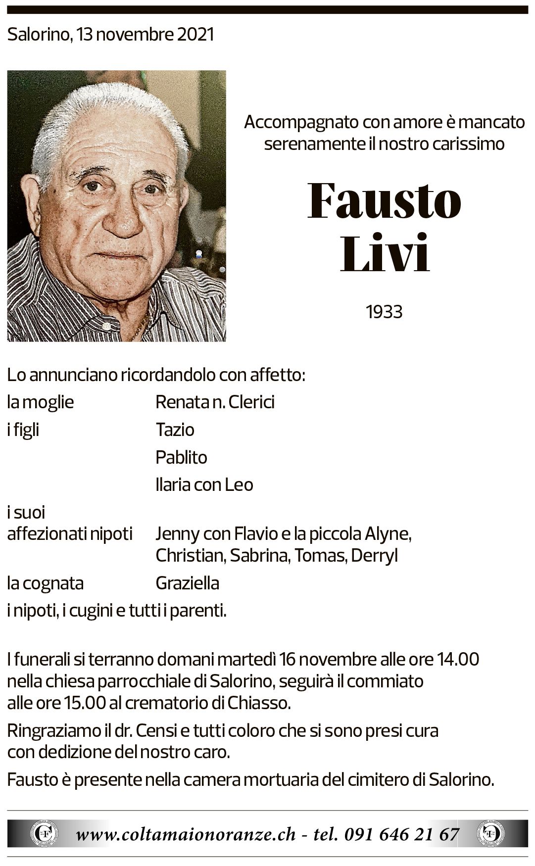 Annuncio funebre Fausto Livi