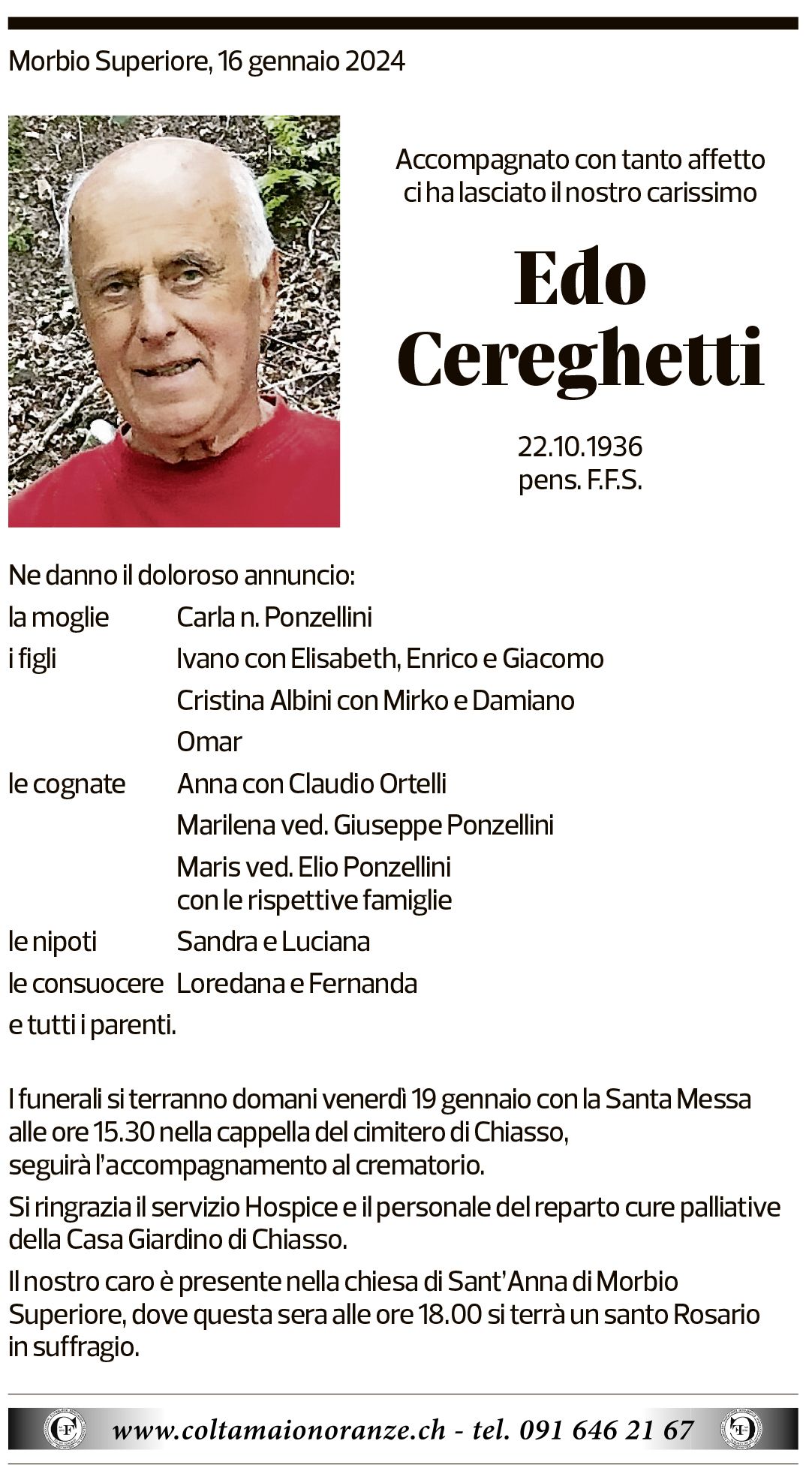 Annuncio funebre Edo Cereghetti