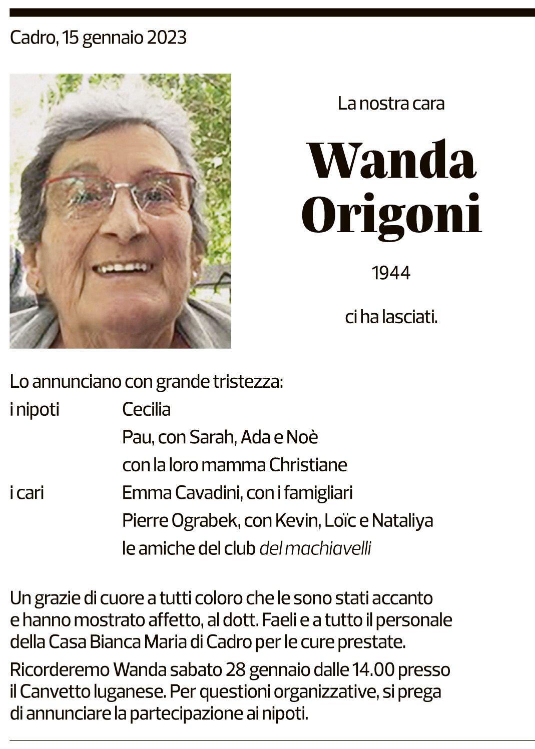 Annuncio funebre Wanda Origoni