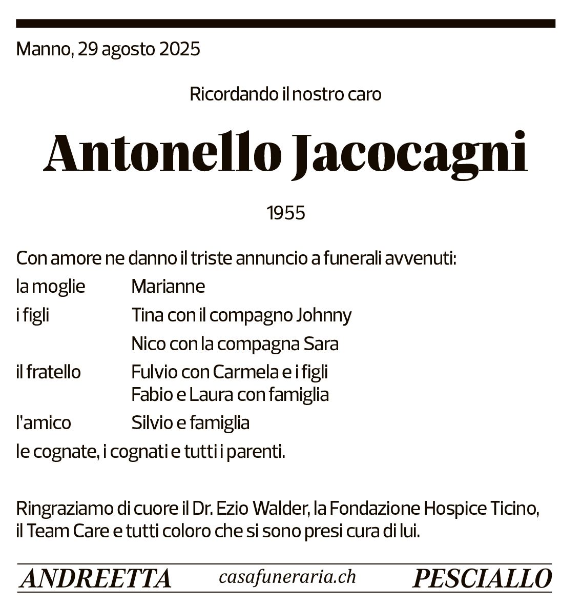 Annuncio funebre Antonello Jacocagni