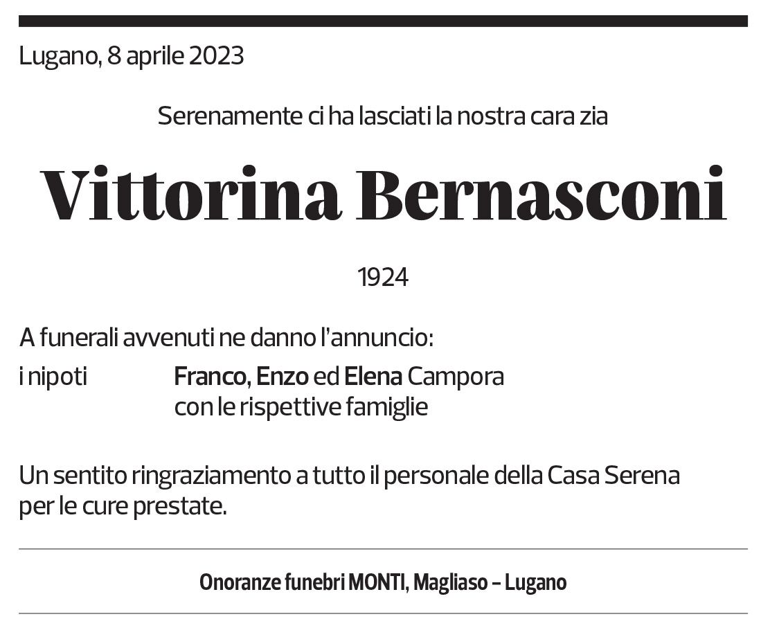 Annuncio funebre Vittorina Bernasconi