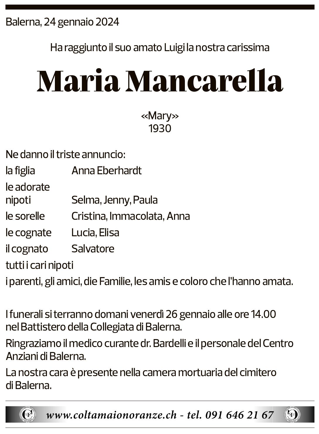 Annuncio funebre Maria Mancarella