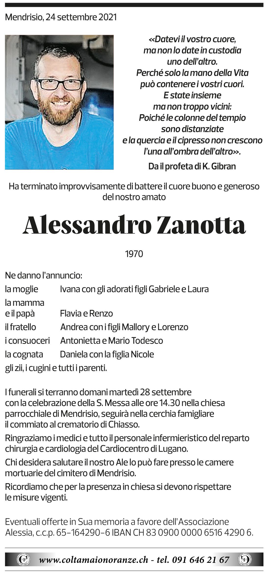 Annuncio funebre Alessandro Zanotta