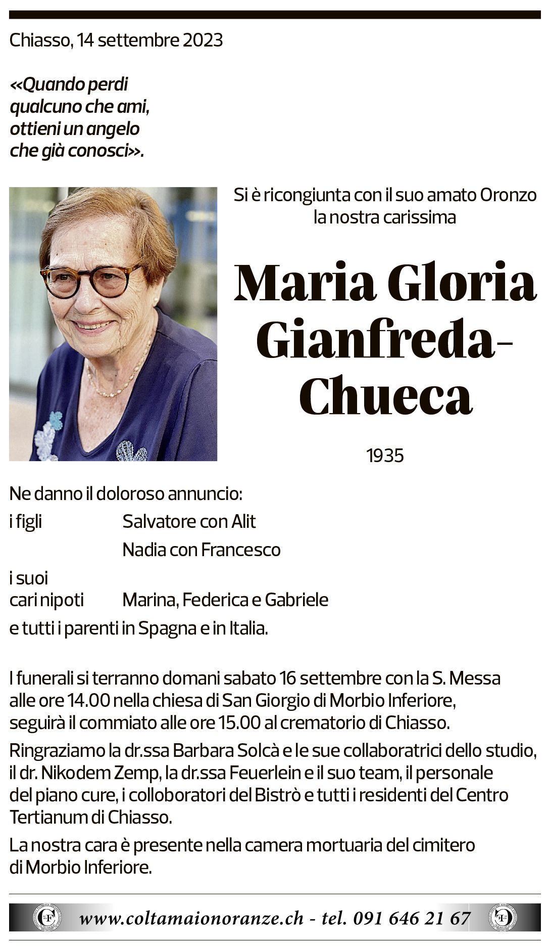 Annuncio funebre Maria Gloria Gianfreda-chueca