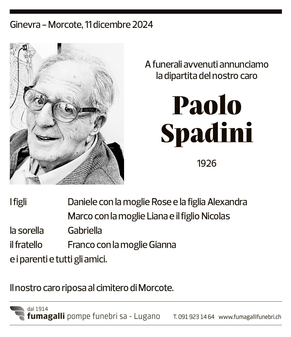 Annuncio funebre Paolo Spadini