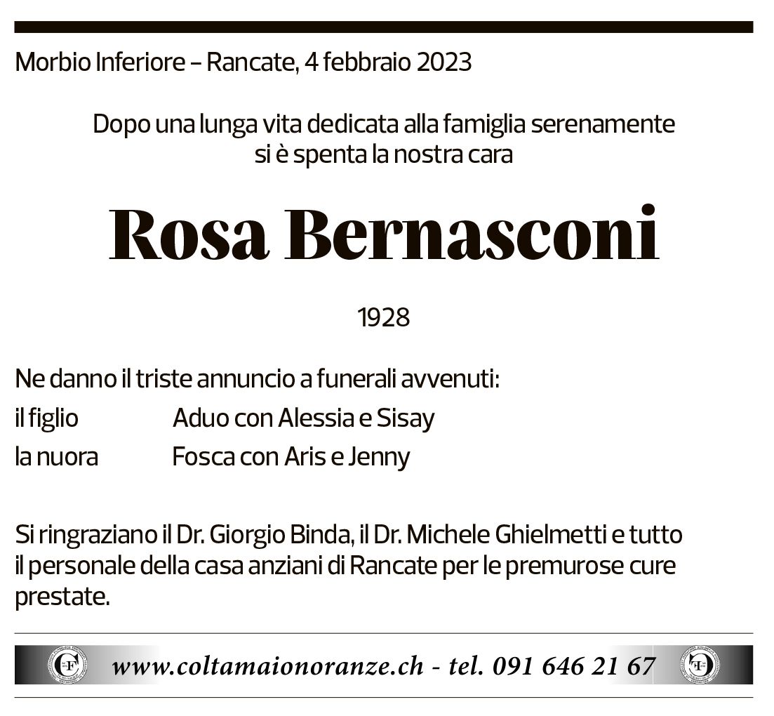 Annuncio funebre Rosa Bernasconi