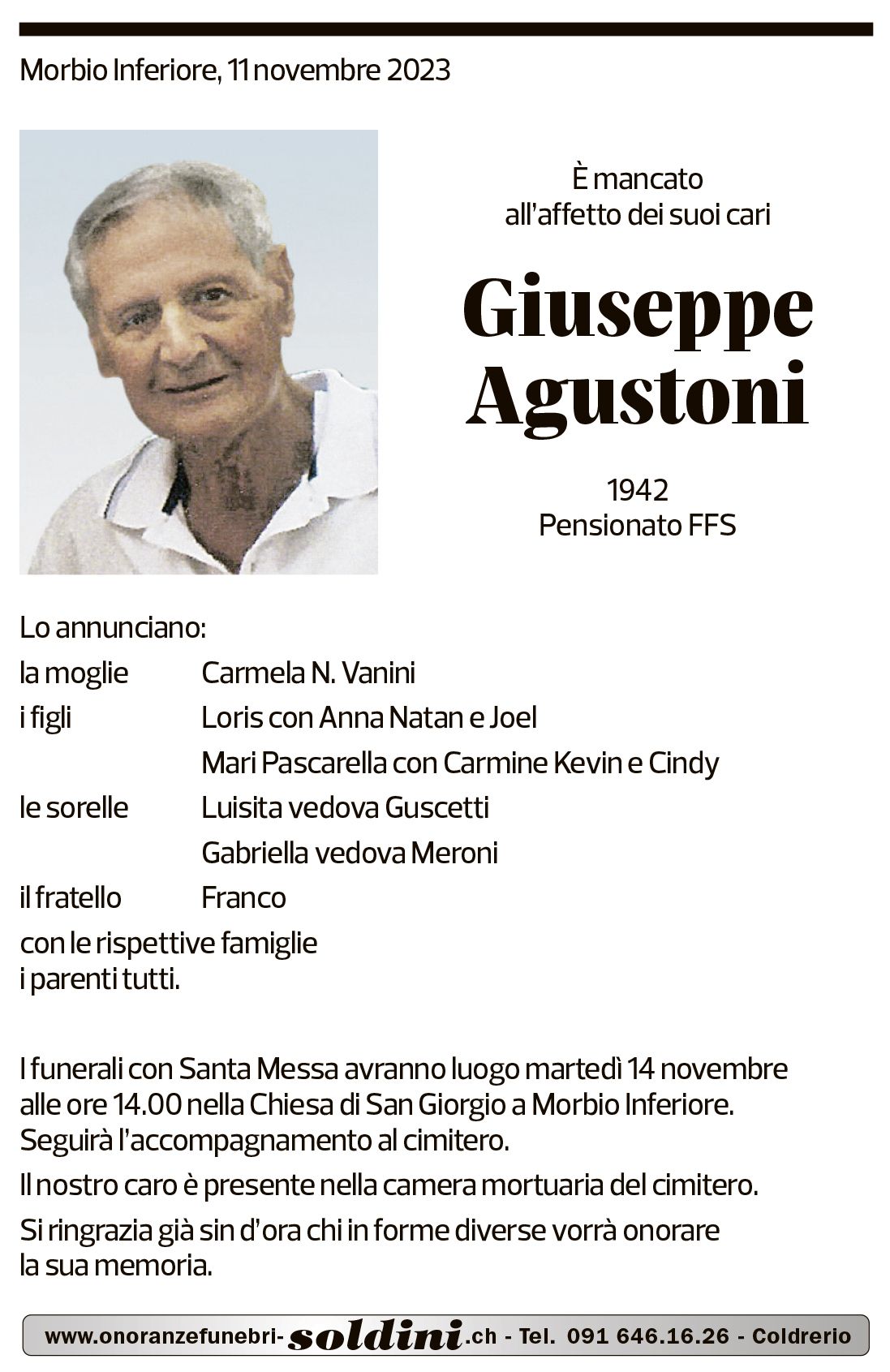 Annuncio funebre Giuseppe Agustoni