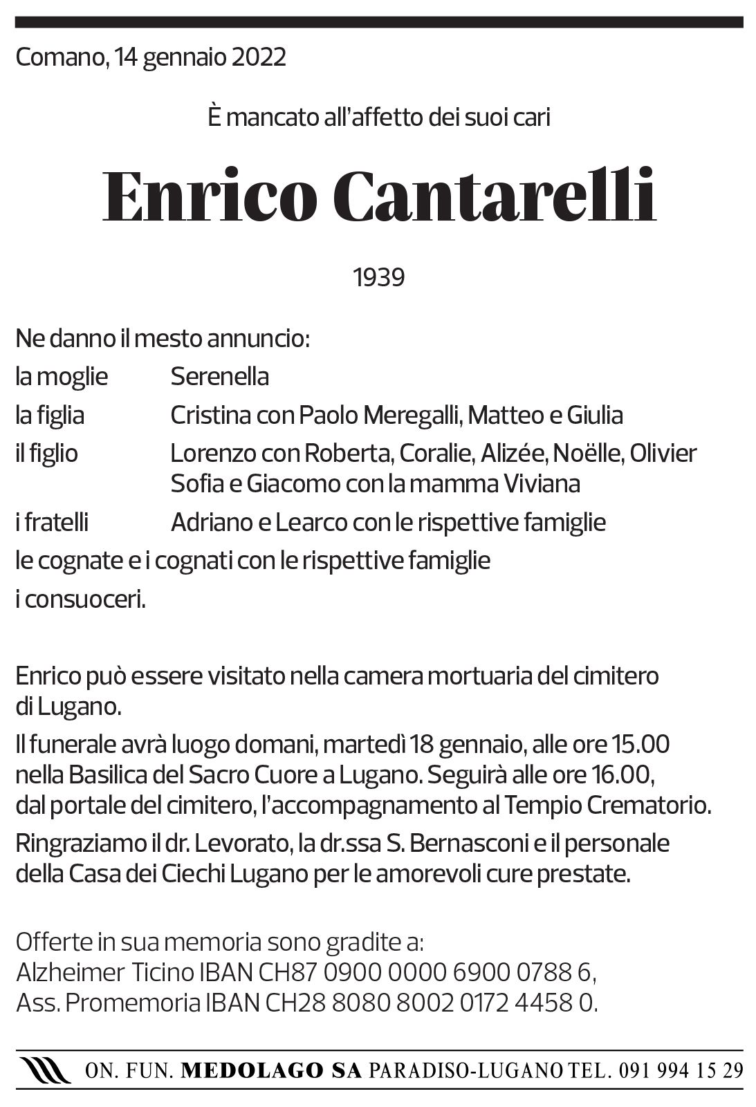 Annuncio funebre Enrico Cantarelli