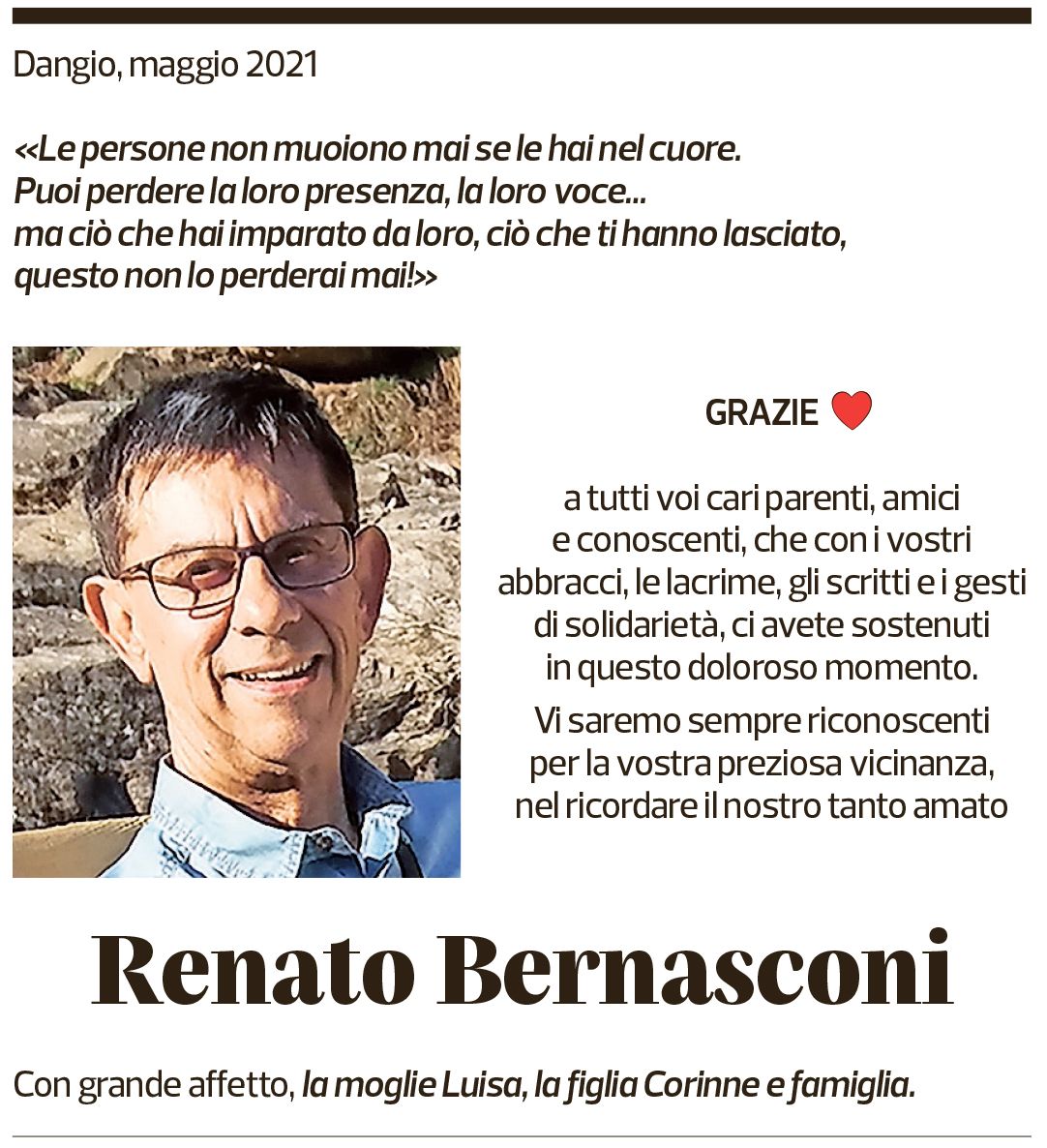 Annuncio funebre Renato Bernasconi