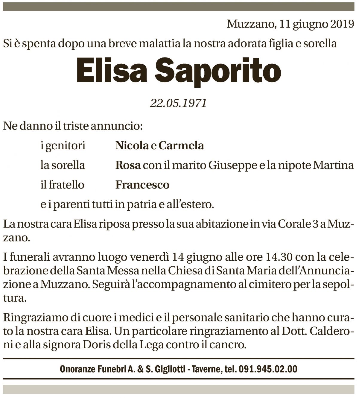 Annuncio funebre Elisa Saporito