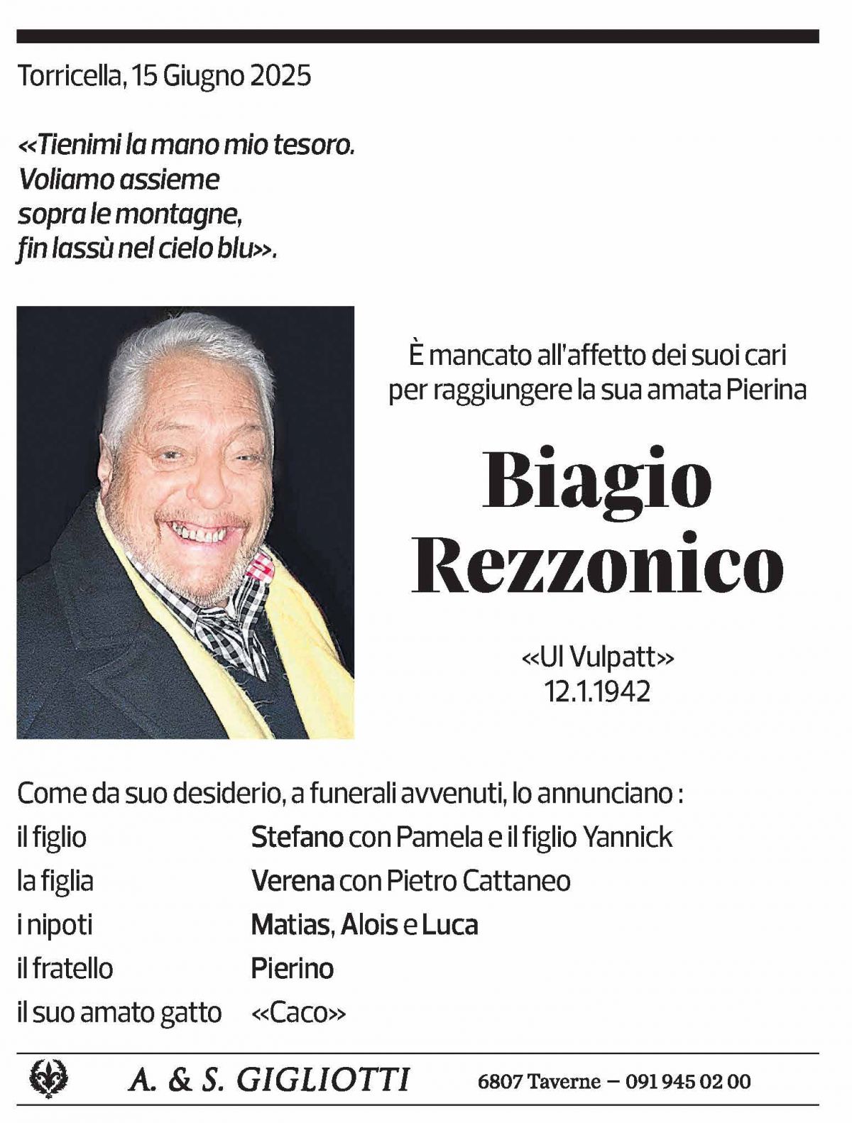 Annuncio funebre Biagio Rezzonico