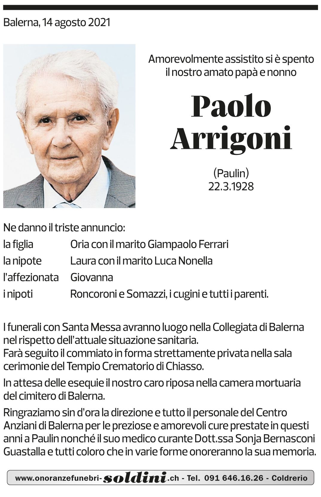 Annuncio funebre Paolo Arrigoni