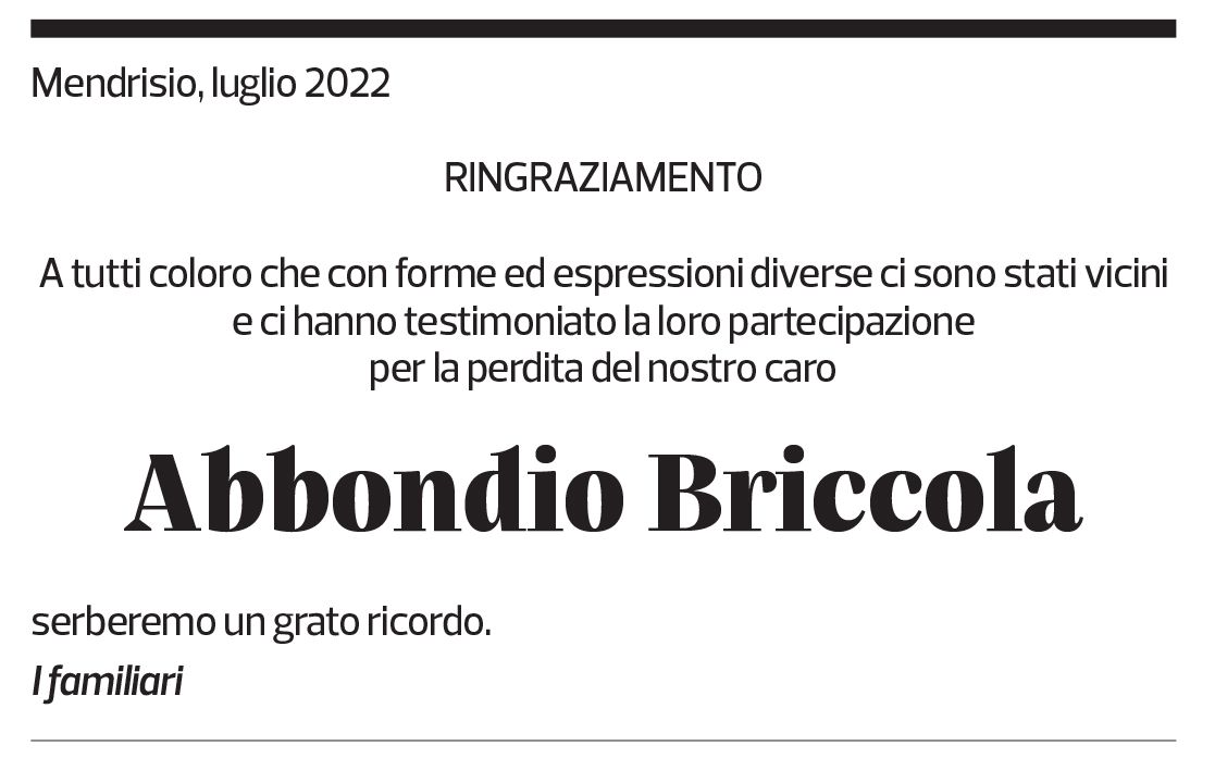 Annuncio funebre Abbondio Briccola