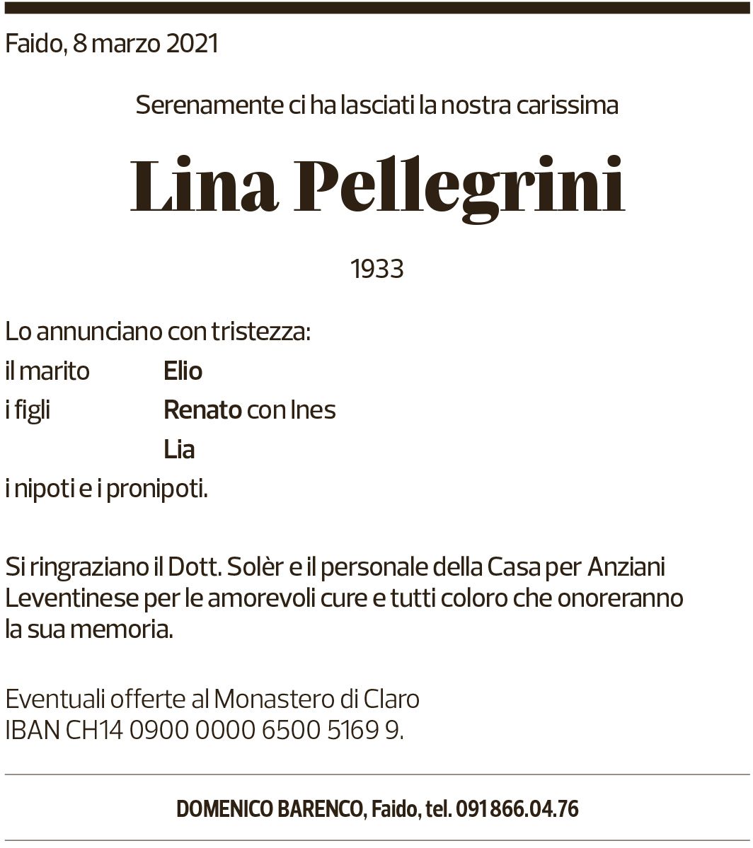 Annuncio funebre Lina Pellegrini