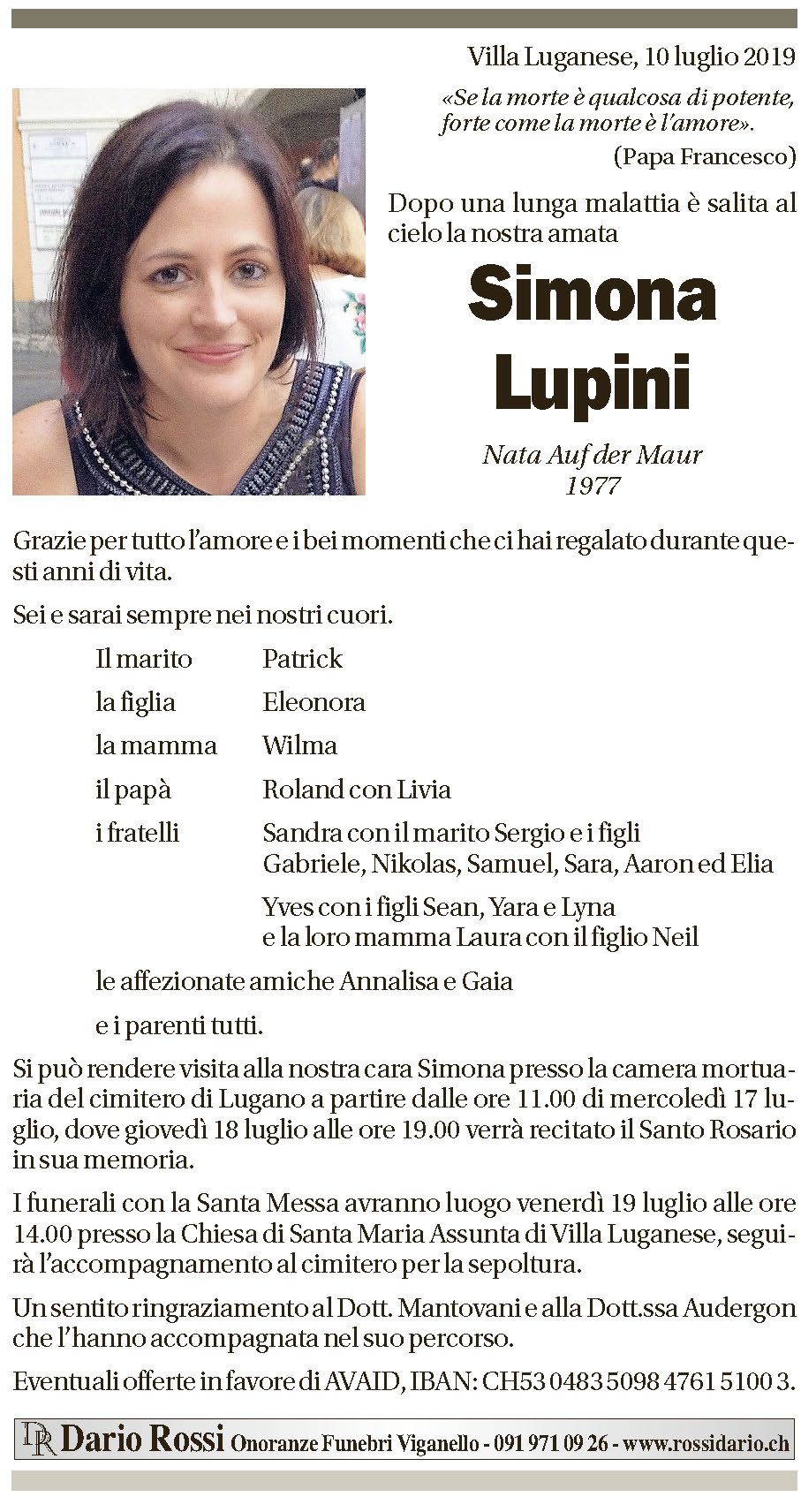 Annuncio funebre Simona Lupini