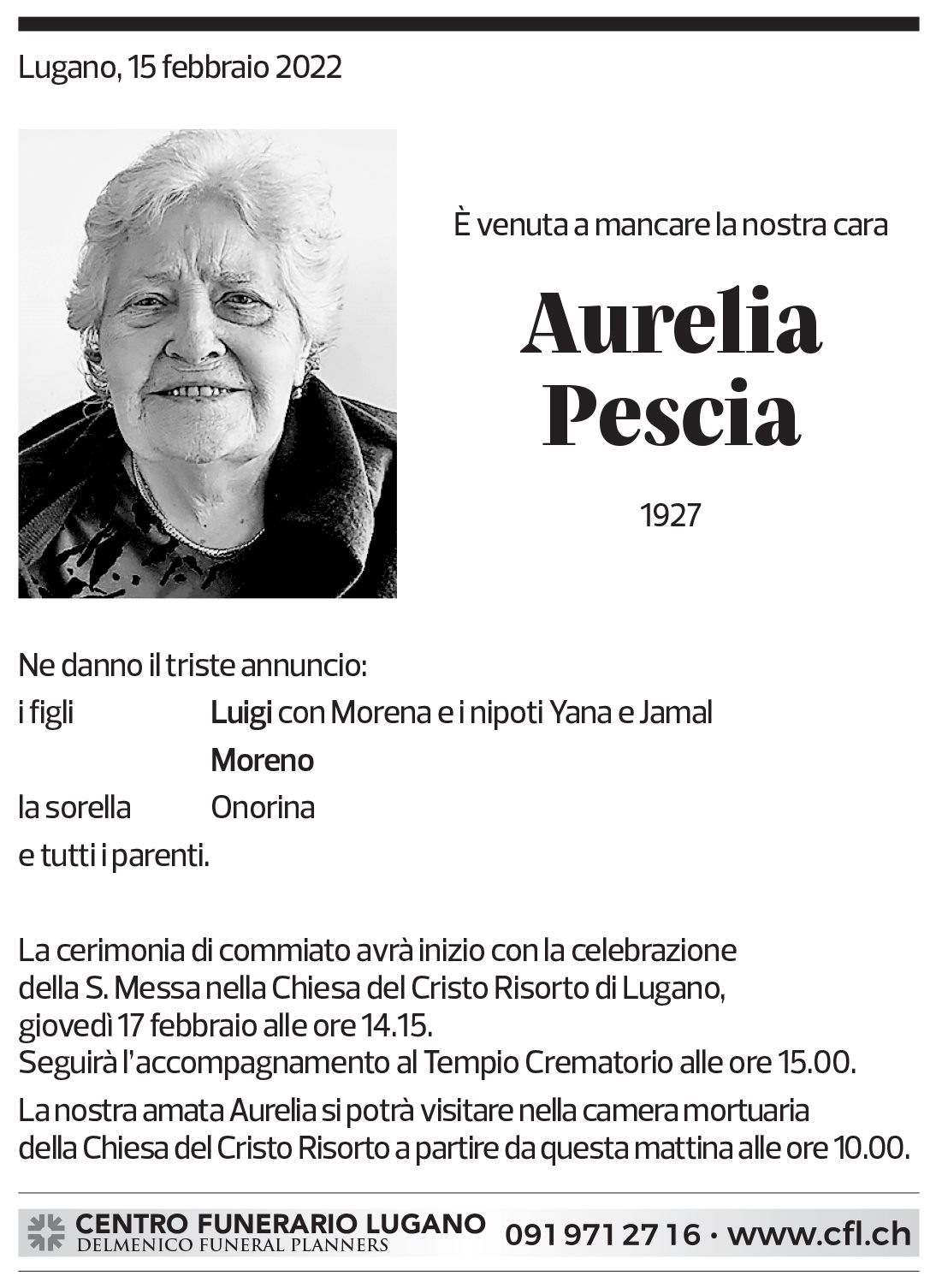 Annuncio funebre Aurelia Pescia